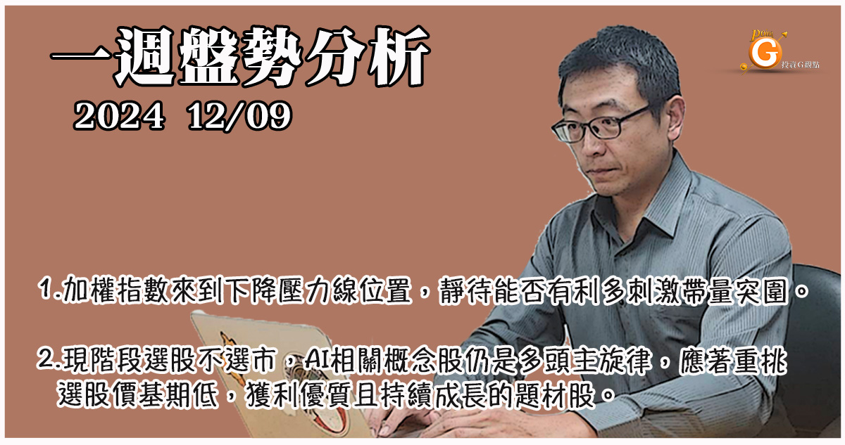 加權指數來到下降壓力線位置，靜待能否有利多刺激帶量突圍。現階段選股不選市，AI相關概念股仍是多頭主旋律，應著重挑選股價基期低，獲利優質且持續成長的題材股。｜投資Ｇ觀點