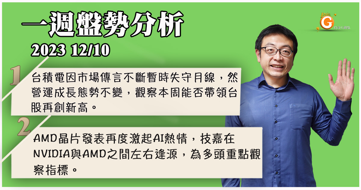 台積電因市場傳言不斷暫時失守月線，然營運成長態勢不變，觀察本周能否帶領台股再創新高。AMD晶片發表再度激起AI熱情，技嘉在NVIDIA與AMD之間左右逢源，為多頭重點觀察指標。｜投資Ｇ觀點