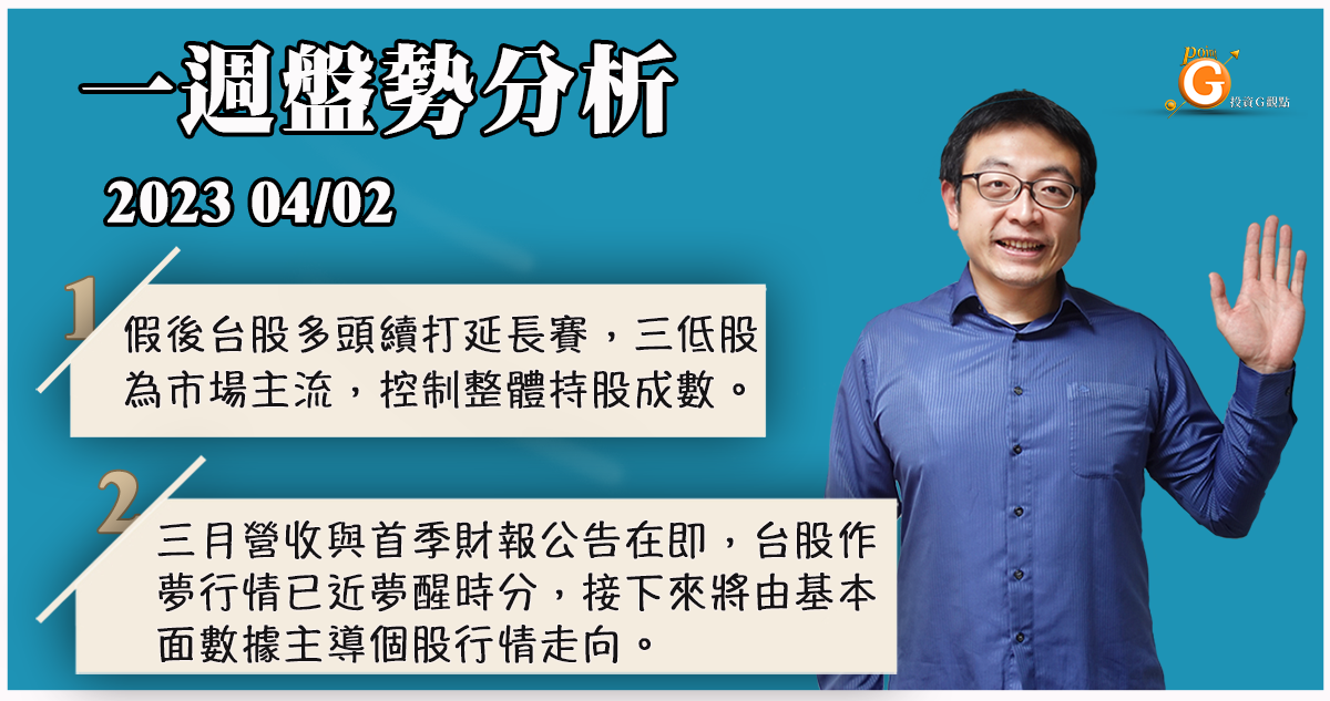 長假後台股多頭續打延長賽，三低股仍為市場主流。 三月營收與首季財報公告在即，台股作夢行情已近夢醒時分，接下來將由基本面數據主導個股行情走向。綠電儲能股短線漲多，籌碼需要沉澱，關注後續買點｜投資Ｇ觀點