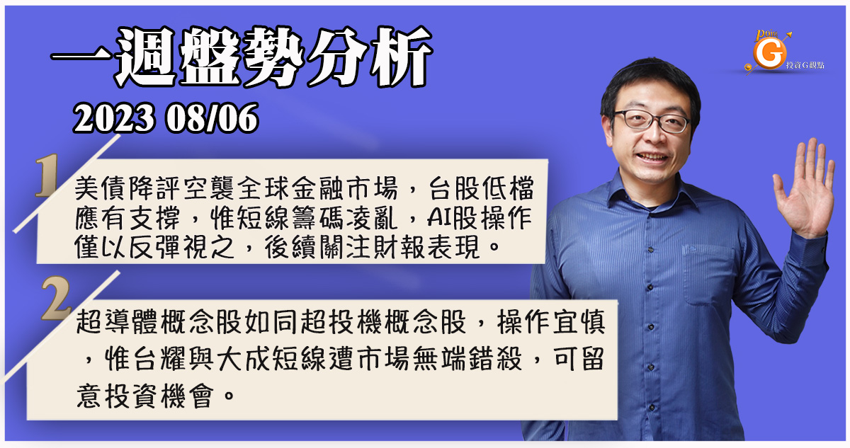 美債降評空襲全球金融市場，台股低檔應有支撐，惟短線籌碼凌亂，AI股操作僅以反彈視之，後續關注財報。超導體概念股如同超投機，操作宜慎，惟台耀與大成短線遭市場無端錯殺，留意投資機會。