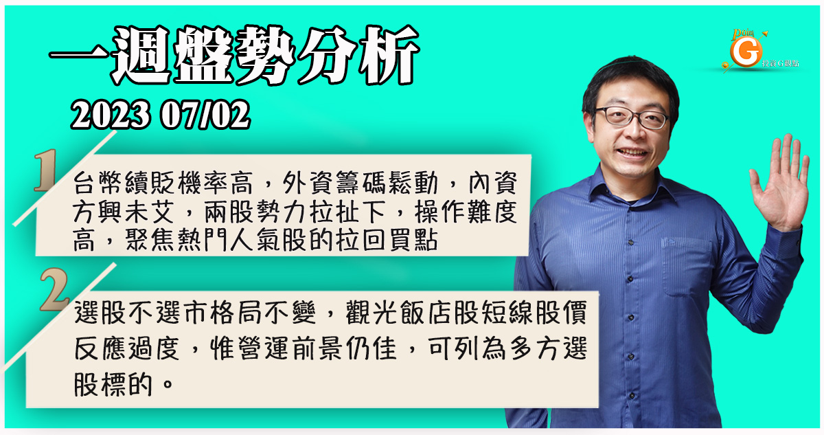 台幣續貶機率高，外資籌碼鬆動，內資方興未艾，拉扯下，操作難度高，聚焦熱門人氣股的拉回買點。 選股不選市格局不變，觀光飯店股短線股價反應過度，惟營運前景仍佳，可列為多方選股標的。｜盤勢分析｜投資Ｇ觀點