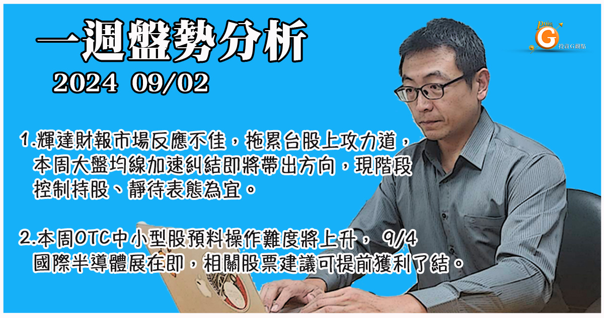 輝達財報市場反應不佳，拖累台股上攻力道，本周大盤均線加速糾結即將帶出方向，現階段控制持股、靜待表態為宜。本周OTC中小型股預料操作難度將上升，國際半導體展在即，相關股票建議可提前獲利了結。｜投資Ｇ觀點