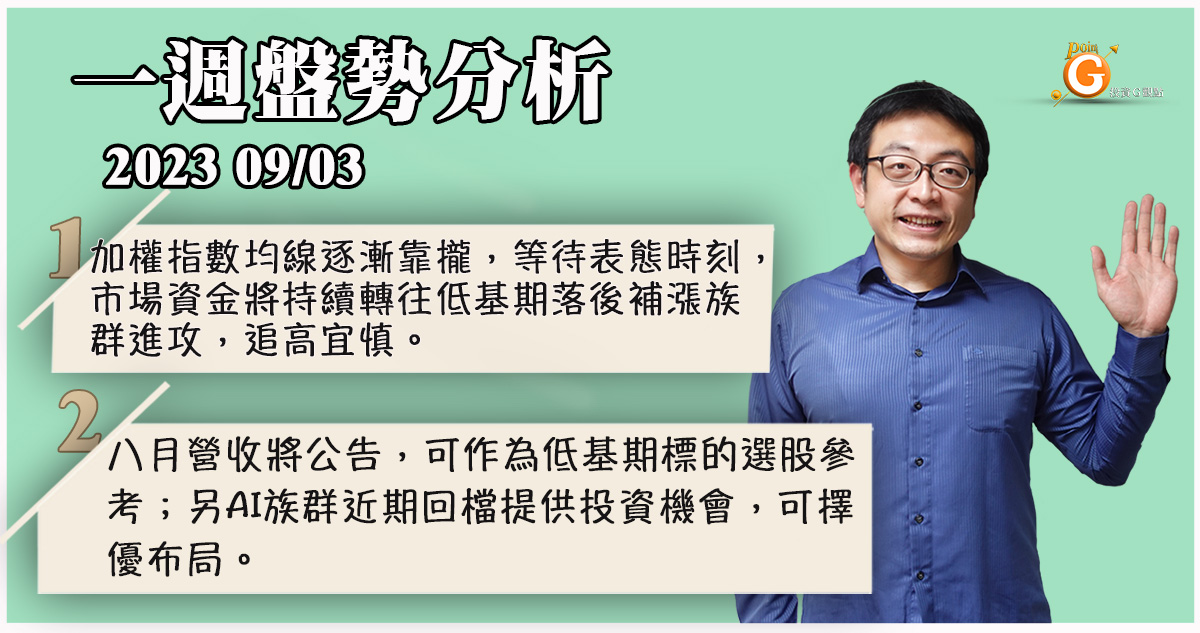 加權指數均線逐漸靠攏，等待表態時刻，市場資金將持續轉往低基期落後補漲族群進攻，追高宜慎。八月營收將公告，可作為低基期標的選股參考；另AI族群近期回檔提供投資機會，可擇優布局｜盤勢分析｜投資Ｇ觀點