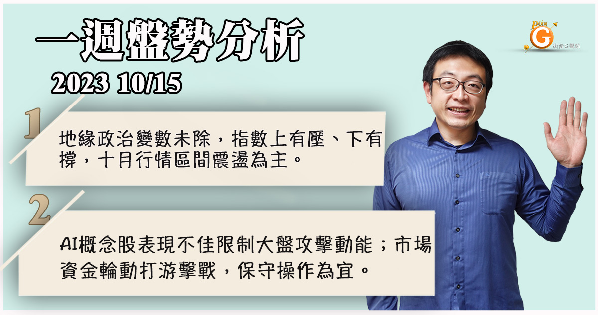 地緣政治變數未除，指數上有壓、下有撐，十月行情區間震盪為主。AI概念股表現不佳限制大盤攻擊動能；市場資金輪動打游擊戰，保守操作為宜｜盤勢分析｜投資Ｇ觀點