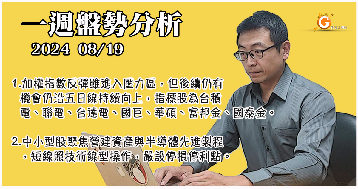 加權指數反彈雖進入壓力區，後續仍有機會仍沿五日線持續向上，指標股為台積電、聯電、台達電、國巨、華碩、富邦金、國泰金。中小型股聚焦營建資產與半導體先進製程，短線照技術線型操作，嚴設停損停利點｜投資Ｇ觀點