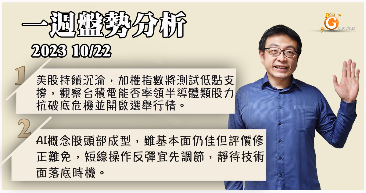 地緣政治變數未除，指數上有壓、下有撐，十月行情區間震盪為主。AI概念股表現不佳限制大盤攻擊動能；市場資金輪動打游擊戰，保守操作為宜｜盤勢分析｜投資Ｇ觀點