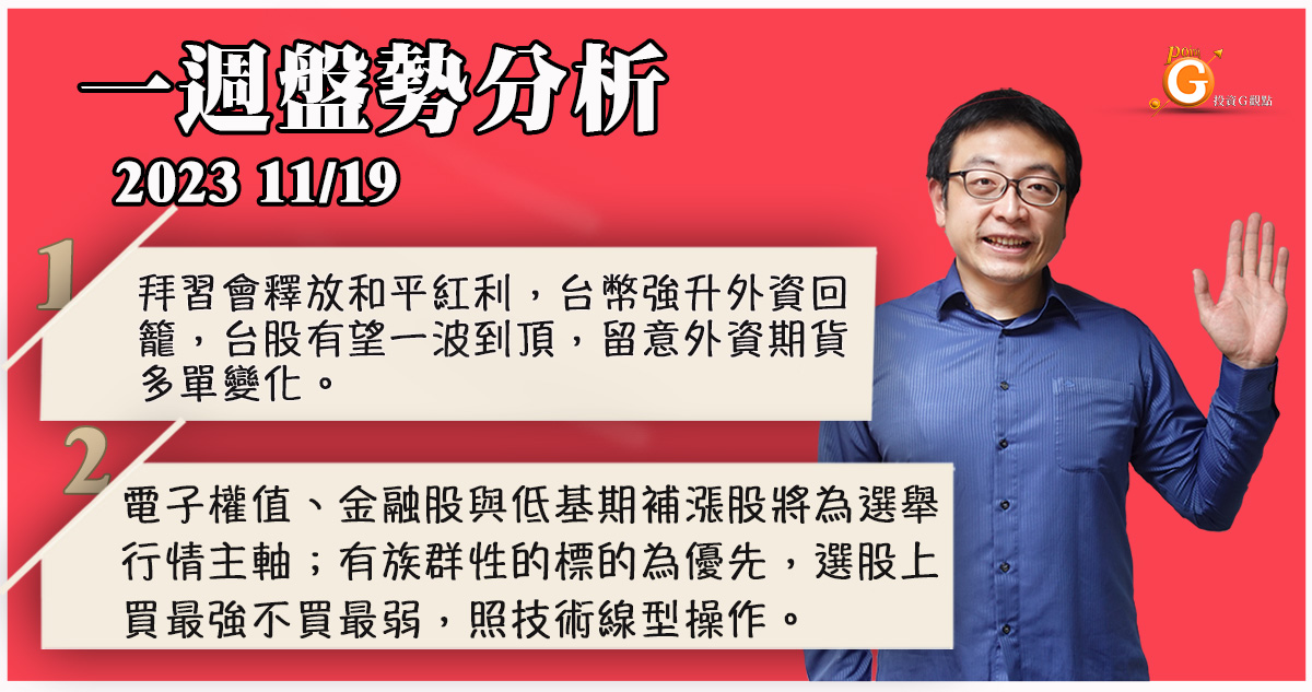 拜習會釋放和平紅利，台幣強升外資回籠，台股有望一波到頂，留意外資期貨多單變化。電子權值、金融股與低基期補漲股將為選舉行情主軸；有族群性的標的為優先，選股上買最強不買最弱，照技術線型操作。｜投資Ｇ觀點