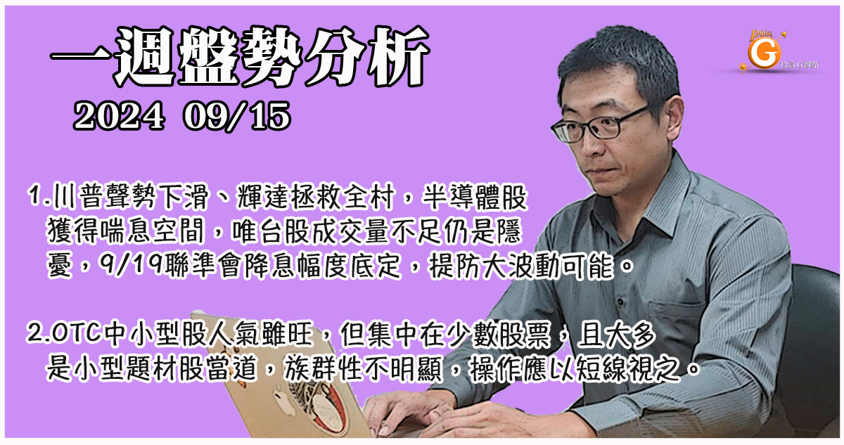 川普聲勢下滑、輝達拯救全村，半導體股獲得喘息空間，唯台股成交量不足，聯準會降息幅度底定，提防大波動可能。OTC中小型股人氣雖旺，但集中在少數股票，且大多是小型題材股當道，操作應以短線視之｜投資Ｇ觀點